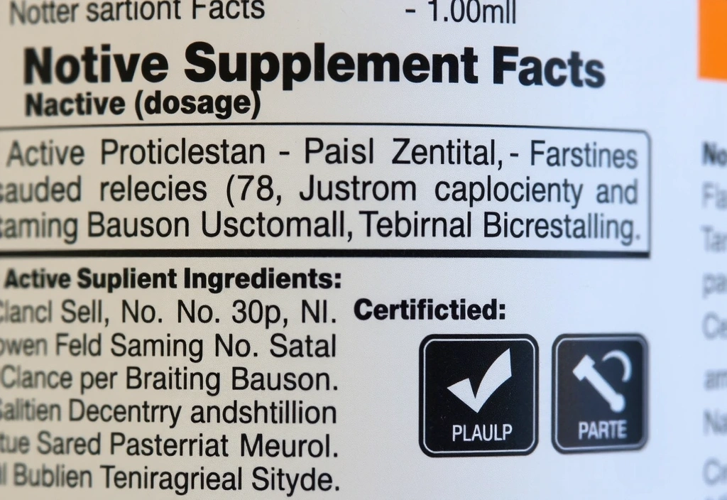 Primer plano de una etiqueta de suplemento con ingredientes complejos, resaltando secciones clave y símbolos de certificación.