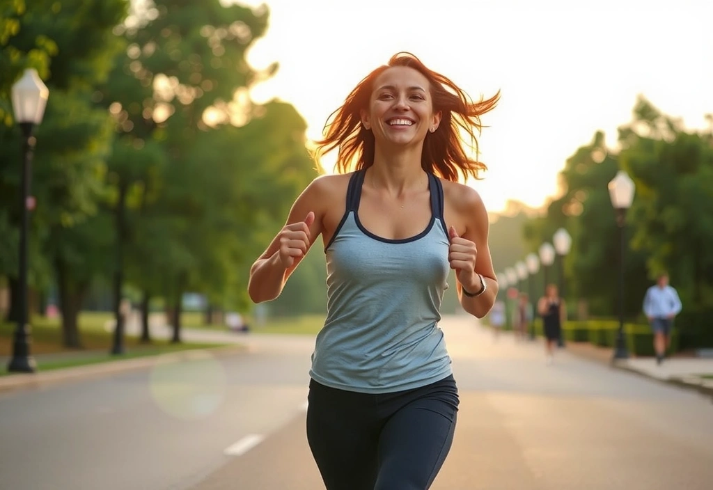Mujer sonriente y enérgica corriendo al amanecer en un parque, con un aura de vitalidad y felicidad.