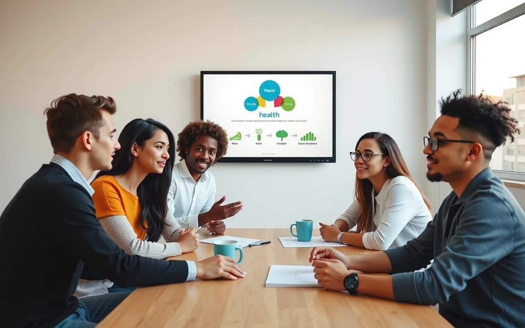 Un grupo de fundadores de Vitaminasnaturalepro discutiendo ideas en una oficina moderna y luminosa