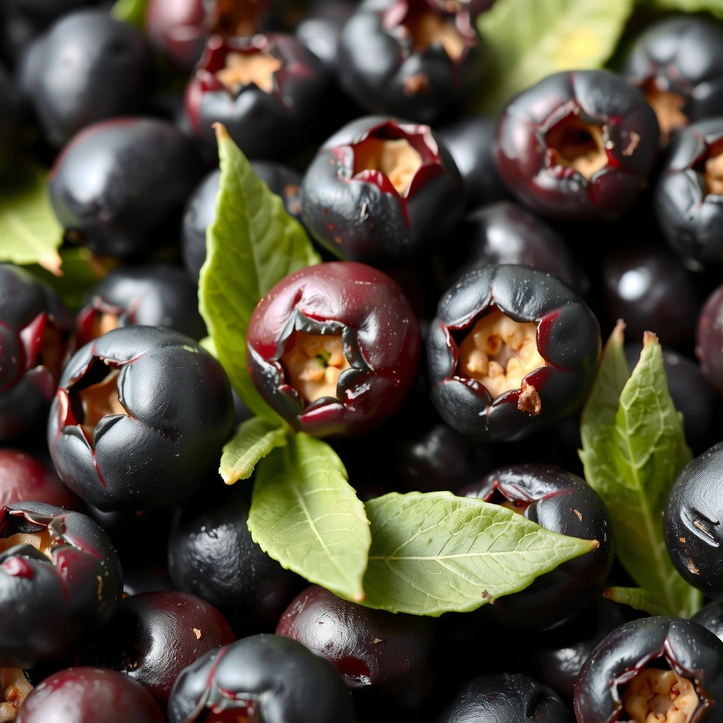 Bayas de saúco oscuras y jugosas, con algunas hojas verdes, en un primer plano que destaca su riqueza en antioxidantes y apoyo inmunológico.