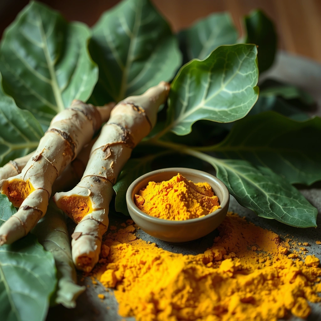 Hojas frescas de cúrcuma y rizomas, con polvo de cúrcuma vibrante en un cuenco pequeño, evocando sus propiedades antiinflamatorias.