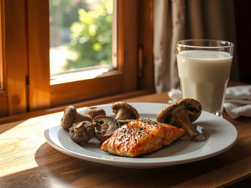 Luz solar, pescado graso, champiñones y leche fortificada como fuentes de Vitamina D.